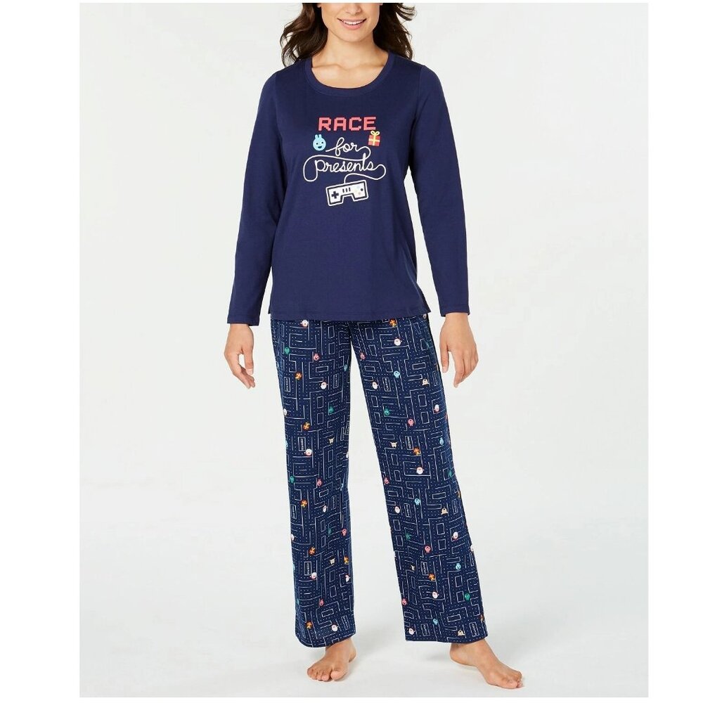 Family Pajamas Women's Race For Presents Christmas 2-Piece PJ Set, Navy Blue, M